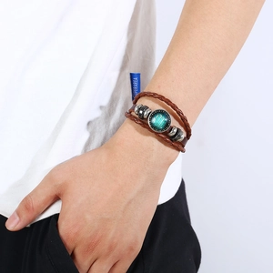 Multilayer brown leather braided bracelet featuring Scorpio zodiac sign and retro beads