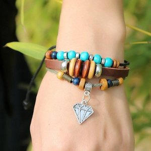 Multilayer leather wrap bracelet with sky blue beads and silver diamond pendant