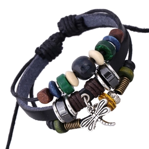 Vintage Multi-layer Braided Cowhide Bracelet With Dragonfly Pendant Handmade Colorful Wood Beads Bohemian Wristband For Unisex