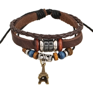 Vintage Multi-layer Cowhide Leather Bracelet For Men Women Woven Rope Beaded Bracelet With Bronze Eiffel Tower Pendant Jewelry
