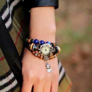 Retro multilayer leather watch with blue and brown beads and metal cap pendant
