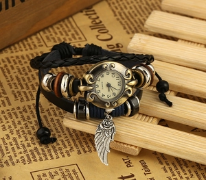 Retro quartz watch with black leather strap, woven rope, and bronze feather pendant decor