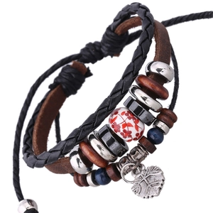 Vintage Multilayer Leather Bracelet For Men Women Handmade Braided Cord Alloy Leaf Pendant Ceramic Wood Bead Adjustable Wristband