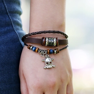 Handmade multilayer leather bracelet with wooden beads and silver skull charm for men