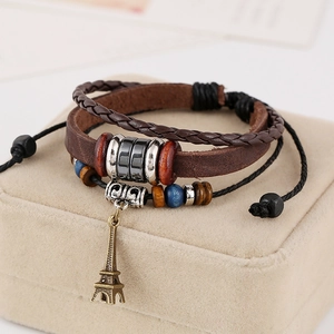Vintage multilayer leather bracelet set with bronze Eiffel Tower charm and wooden beads