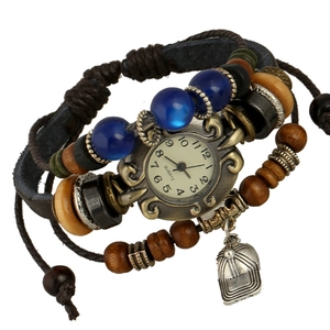 Vintage Cowhide Leather Bracelet Watch Bohemian Multi-layer Braided Strap With Wood Beads Metal Charm Quartz Wristwatch For Women Men