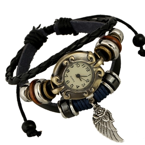 Vintage Genuine Cowhide Leather Bracelet Watch For Women Men Woven Multilayer Strap With Wooden Beads Wing Pendant Retro Punk Quartz Analog Wristwatch
