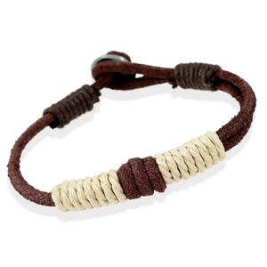 Handmade vintage woven leather bracelet with brown fiber ropes and silver metal clasp