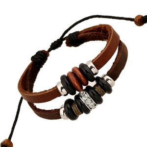 Vintage Multi-layer Leather Woven Bracelet For Men Women Adjustable Punk Bohemian Jewelry With Wood Beads Rhinestone Alloy Charm