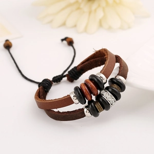 Multilayer braided leather bracelet with retro beads and sparkling rhinestone charm
