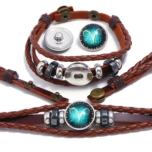 Punk Multilayer Woven Leather Zodiac Bracelet For Men Women Twelve Constellations Cowhide Alloy Glass Braid Wristband