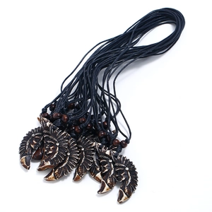 Tribal chief pendant necklace set with resin feather headdress and woven wax cord