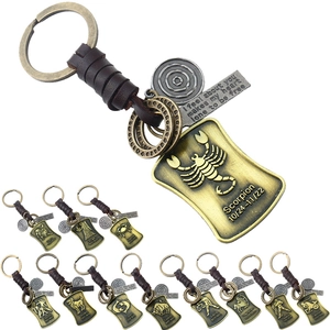 Vintage Tressé Cuir Véritable 12 Constellations Porte-clés Rétro Bronze Alliage Anneau de Clé Voiture Cadeau Pour Hommes Femmes