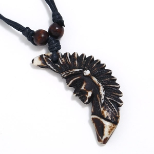 Vintage Tribal Indian Chief Resin Pendant Necklace Adjustable Wax Rope Ethnic Hand Carved Style Jewelry For Men Women