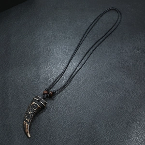Retro tribal wolf tooth pendant necklace with wax cord and decorative wood beads