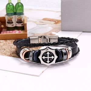 Men's retro multi-layer braided leather bracelet with vintage metal cross shield badge
