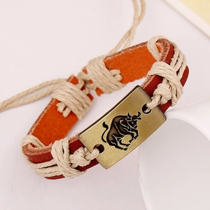 Macro shot of vintage woven leather bracelet with bronze Taurus zodiac bull metal plate