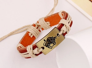 Macro view of bronze zodiac Taurus charm on a braided brown leather bracelet