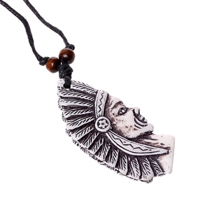 Collier Pendentif Tête d'Indien Ethnique Vintage Avec Cordon Ciré Perles en Bois Tissées Style Bohème Tribal Bijoux Unisexe
