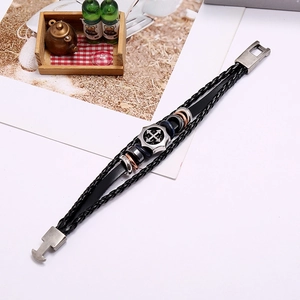 Men's punk multilayer braided black leather bracelet with vintage silver cross shield charm
