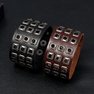 Retro punk black and brown leather bracelets with square metal studs for men and women