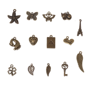 Antique Bronze Alloy DIY Charm Pendants Mixed Shapes Starfish Butterfly Tower Key Heart For Jewelry Making Vintage Style