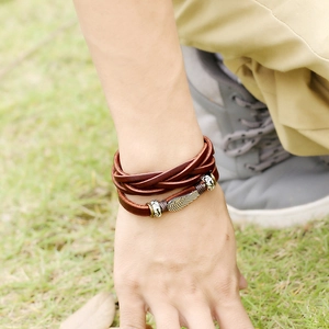 Vintage brown multilayer leather punk bracelet with eagle wing charms for men