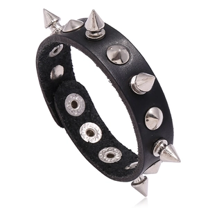 Punk Rock Cowhide Leather Bracelet With Silver Metal Rivets Spikes Bullet Shape Adjustable Snap Button Men Jewelry