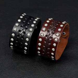 Retro punk braided leather bracelets in black and brown with silver metal rivets
