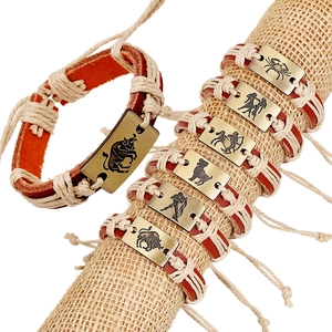 Vintage Twelve Constellations Woven Cowhide Bracelet Antique Bronze Alloy Zodiac Sign Adjustable Punk Ethnic Style Bracelet