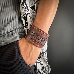 Men's vintage wide braided dark brown leather bracelet with hand-stitched detailing