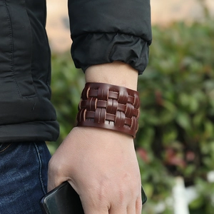 Men's multilayer braided brown leather bracelet with vintage punk motorcycle style