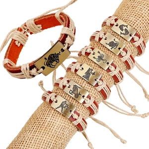 Vintage bronze zodiac leather bracelets set with braided ropes and constellation charms