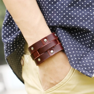 Men's punk style wide brown leather cuff bracelet with silver rivets on three layers
