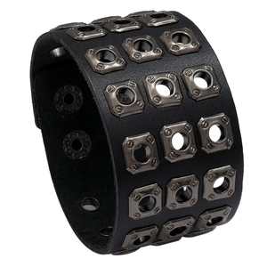 Punk black leather wide cuff bracelet with three rows of square metal studs and snap button