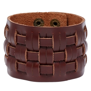 Vintage Punk Wide Braided Cowhide Leather Bracelet For Men Women Retro Biker Motorcycle Wristband With Metal Snap Buttons