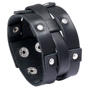 Men's punk style multi-layer black leather bracelet with silver studs on a white background