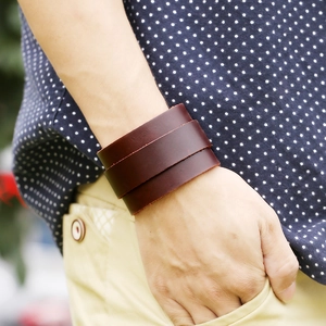 Men's minimalist wide dark brown leather wrap bracelet in a rugged punk industrial style