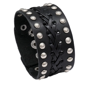 Vintage Punk Men Leather Bracelet Woven Design Metal Rivets Wide Cuff Adjustable Button Bangle Jewelry Rock Style Hand Accessory