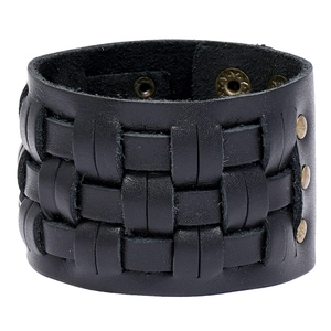 Black multilayer braided leather bracelet with vintage bronze snap buttons in punk style