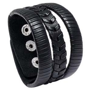Bracelet multicouche en cuir noir tressé pour homme avec fermoir à pression argenté
