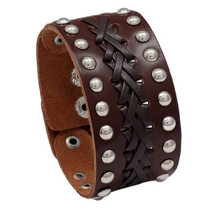 Men's retro braided leather bracelet featuring dark brown cowhide and silver metal studs