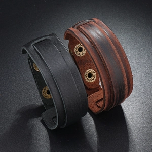 Vintage punk woven leather bracelets in black and brown with metal rivet studs for men