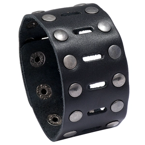 Retro punk double-row rivet wide cowhide leather bracelet with adjustable metal snaps
