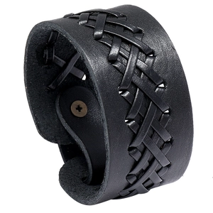 Men's wide black leather cuff bracelet with woven texture and vintage metal closure
