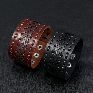 Vintage woven wide leather bracelets in brown and black with silver snap buttons