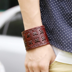 Vintage dark brown wide leather bracelet for men featuring handcrafted woven cross stitching