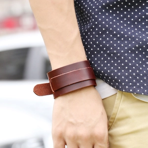 Men's minimalist double-layer dark brown leather wrap bracelet with belt buckle closure