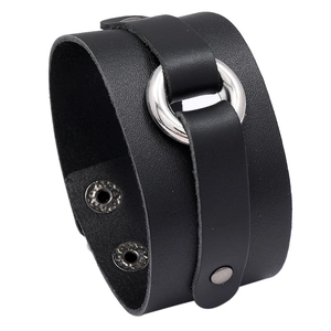 Vintage punk black leather bracelet with large silver metal ring for men and women