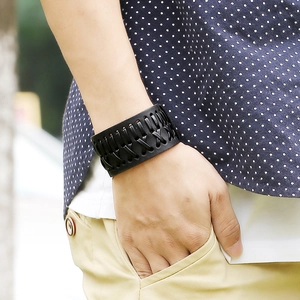 Men's vintage black woven leather wide cuff bracelet with adjustable snap closure